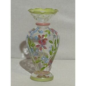 Tracy Porter Hand Painted Floral Glass Vase Ruffled Lime Green Rim Pink Neck